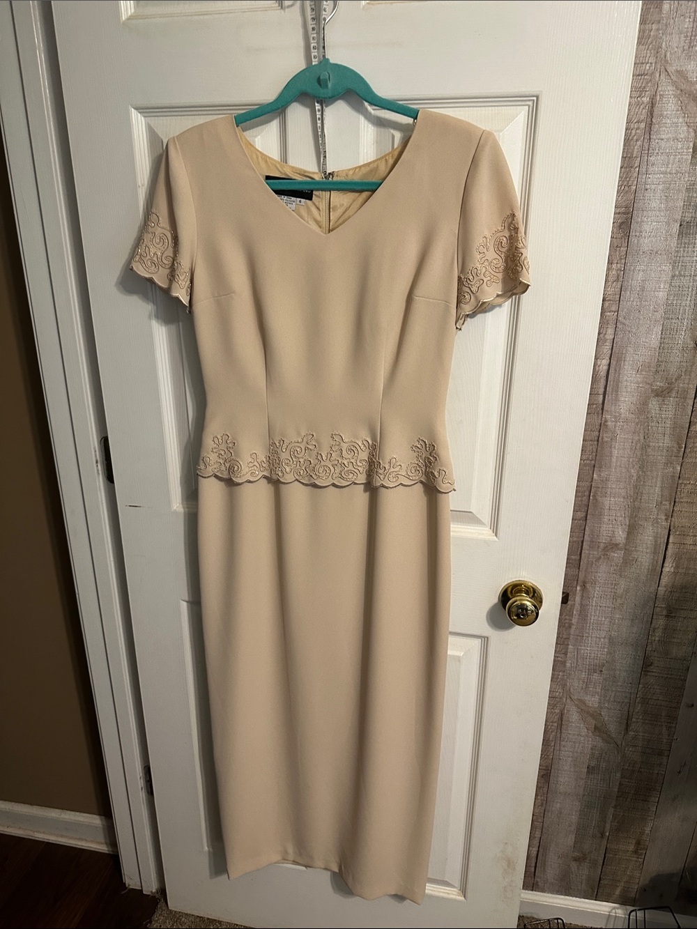 Donna Morgan Tan Midi Dress with Scalloped Embroidery